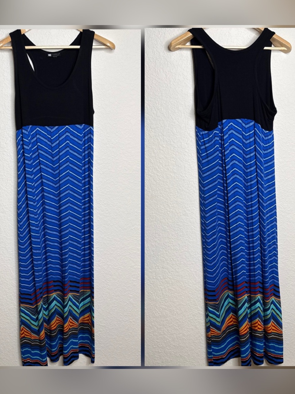 Carole Little Black Chevron Print Maxi Dress Racerback Tank Colorblock Size M
